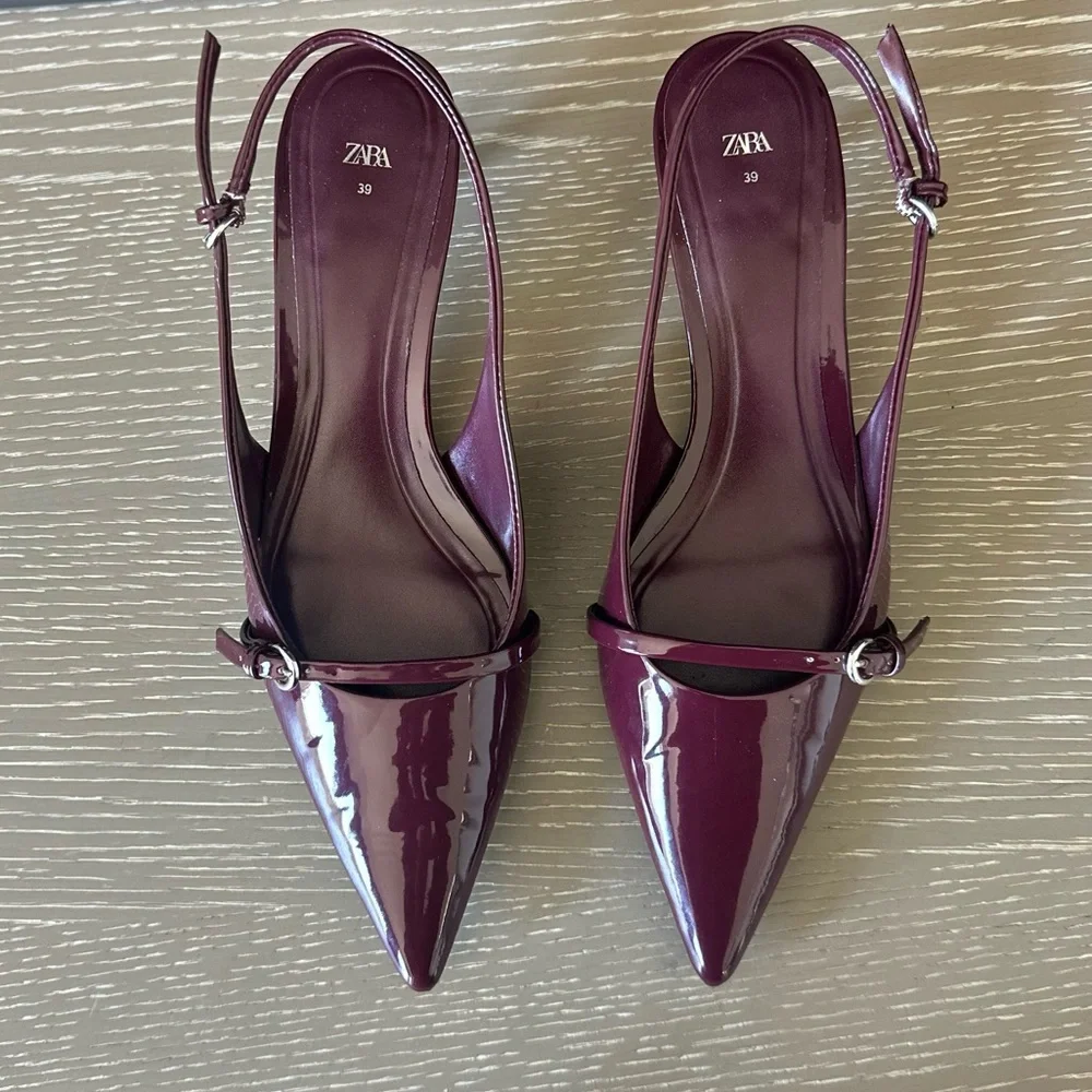Zara Burgundy Patent Pointed Slingback Heels - Picture 1 of 6
